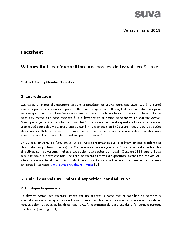 Valeurs limites: calcul par déduction, valeurs VME et VLE