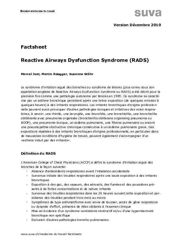 Fiche thématique: Reactive Airways Dysfunction Syndrome (RADS)