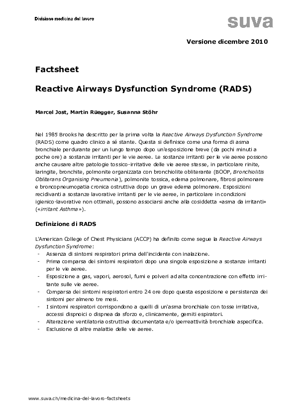 Scheda tematica: Reactive Airways Dysfunction Syndrome (RADS)