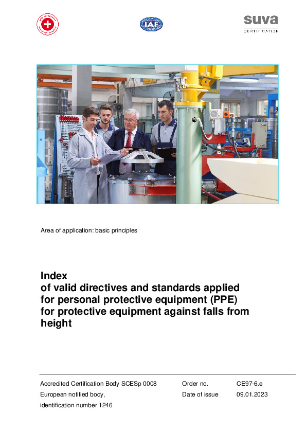 Index of valid directives and standards applied for personal protective equipment (PPE) for protective equipment against falls from a height