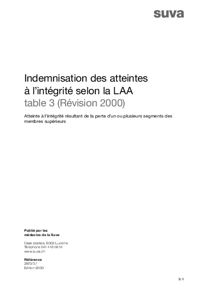 Tableau 03 - Atteinte à l’intégrité résultant de la perte d’un ou plusieurs segments des membres supérieurs