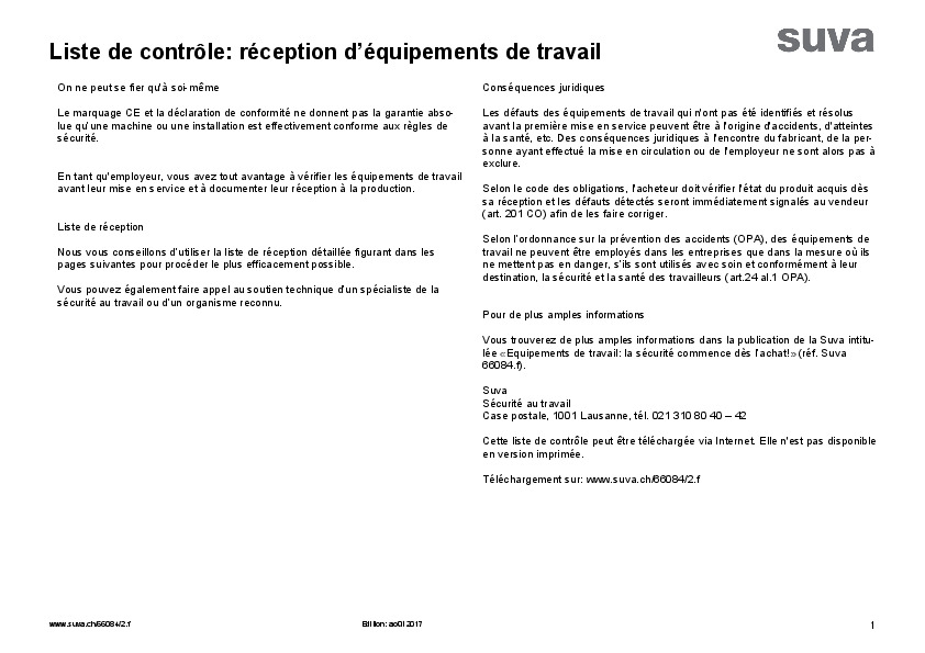 Liste de contrôle pour la réception de machines, d’appareils et de dispositifs