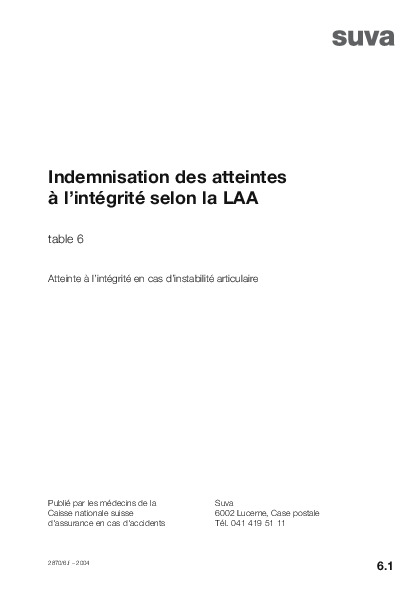 Tableau 6 - Atteinte à l'intégrité en cas d'instabilité articulaire