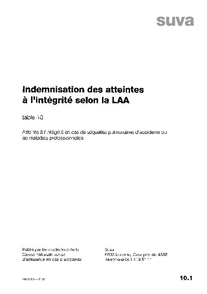 Tableau 10 - Atteinte à l'intégrité en cas de séquelles pulmonaires d'accidents ou de maladies professionnelles