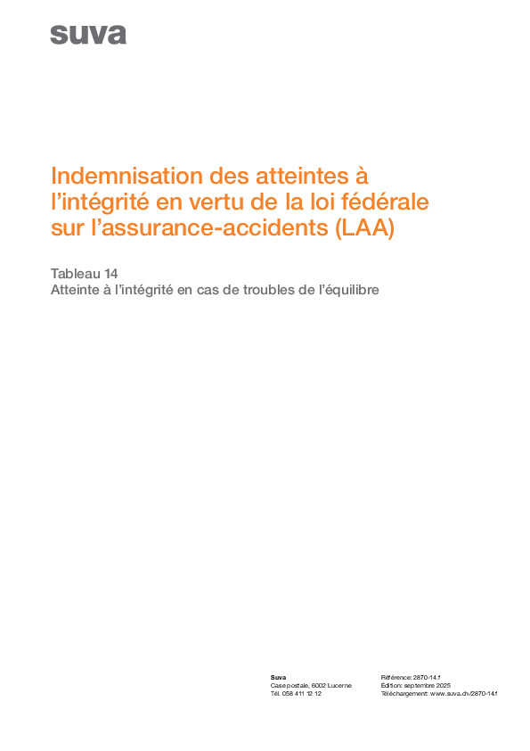 Tableau 14 - Atteinte à l’intégrité en cas de troubles de l’équilibre