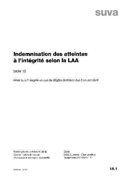 Tableau 15 - Atteinte à l'intégrité en cas de dégâts dentaires dus à un accident