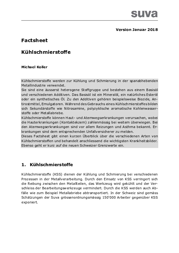 Kühlschmierstoff: Factsheet zu Hauterkrankungen