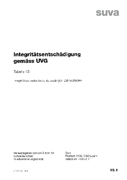 Tabelle 15 - Integritätsschaden bei unfallbedingten Zahnschäden