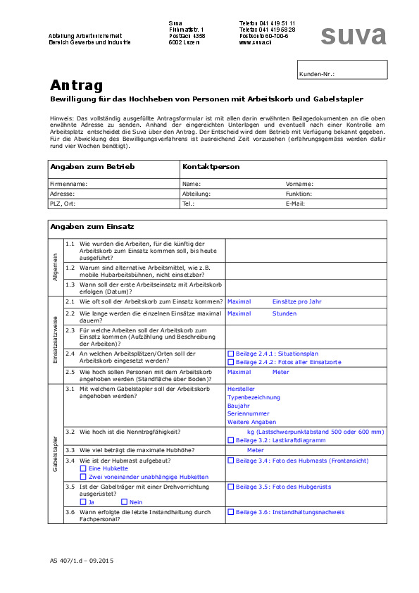 Hochheben von Personen mit dem Arbeitskorb: Antrag für Bewilligung