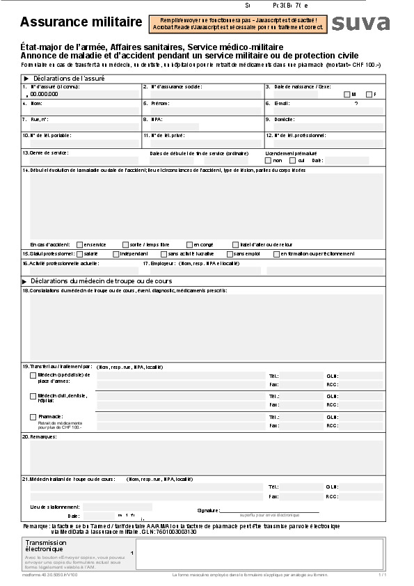 Assurance militaire. Annonce de maladie et d'accident pendant un service militaire ou de protection civile