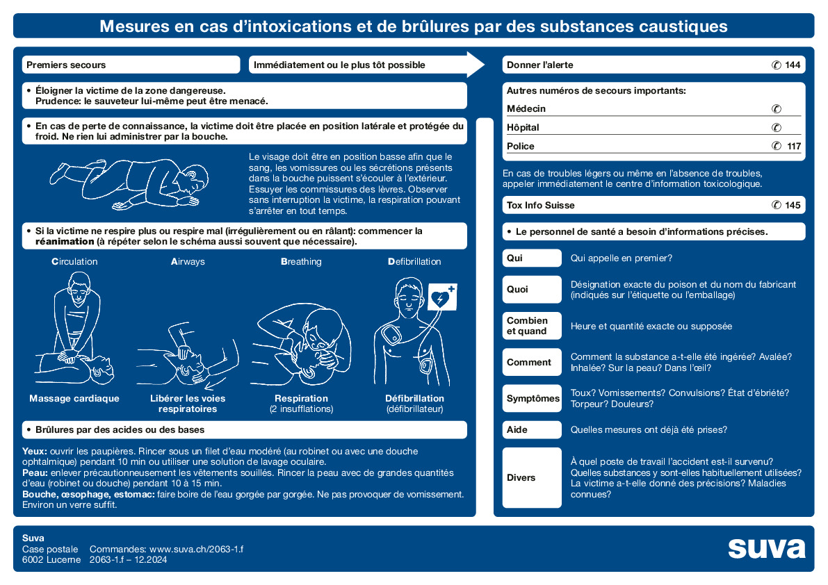 Mesures en cas d'intoxications et de brûlures par des substancescaustiques (tableau en polypropylène à clouer)