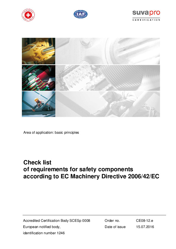Check list of requirements for safety components according to EC Machinery Directive 2006/42/EC