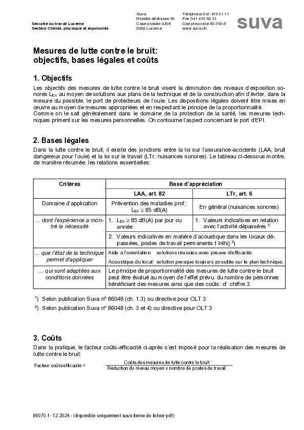 Feuillet d’information Mesures de lutte contre le bruit: objectifs et coûts