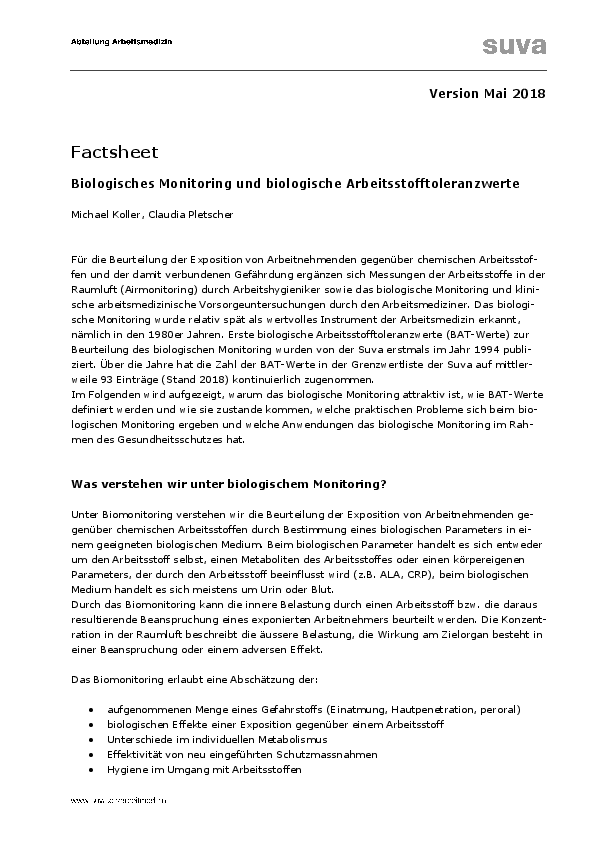 Factsheet: Biologisches Monitoring und BAT-Werte