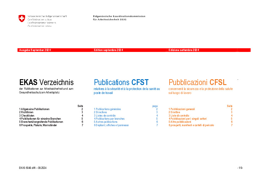 Verzeichnis der EKAS-Publikationen zu Sicherheit und Gesundheitsschutz am Arbeitsplatz