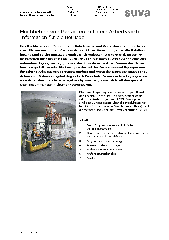 Hochheben von Personen mit dem Arbeitskorb: Information für Betriebe