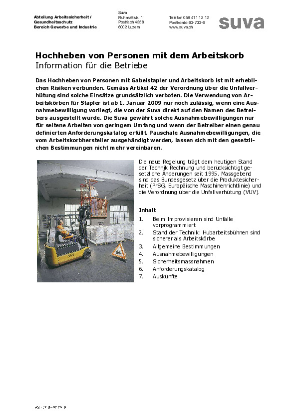 Hochheben von Personen mit dem Arbeitskorb: Information für Betriebe