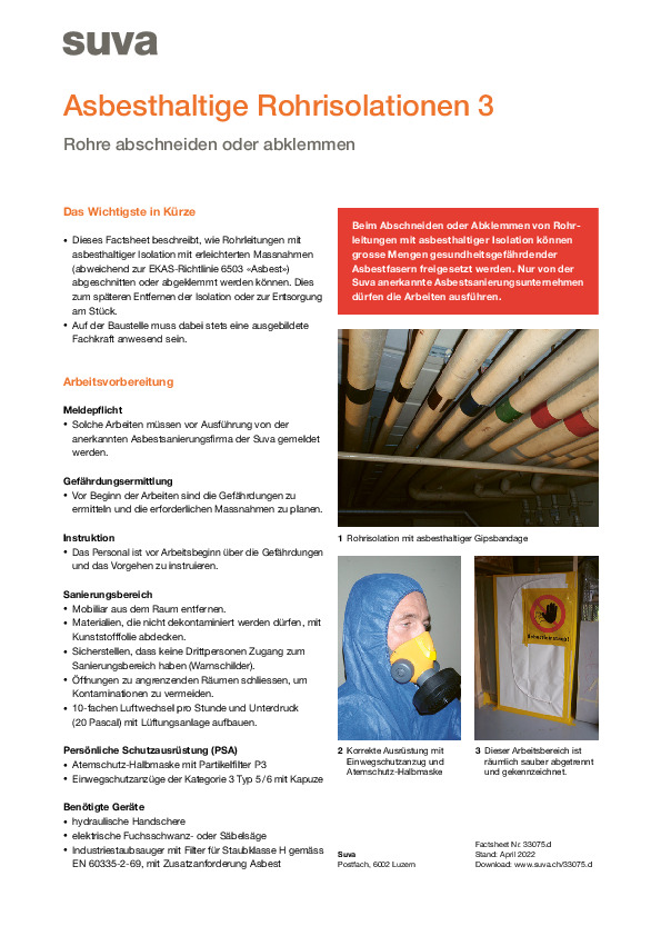 Factsheet 3: asbesthaltige Isolierung – Rohr abklemmen