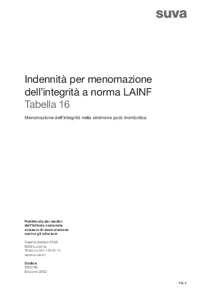 Tabella 16 - Menomazione dell’integrità nella sindrome post-trombotica