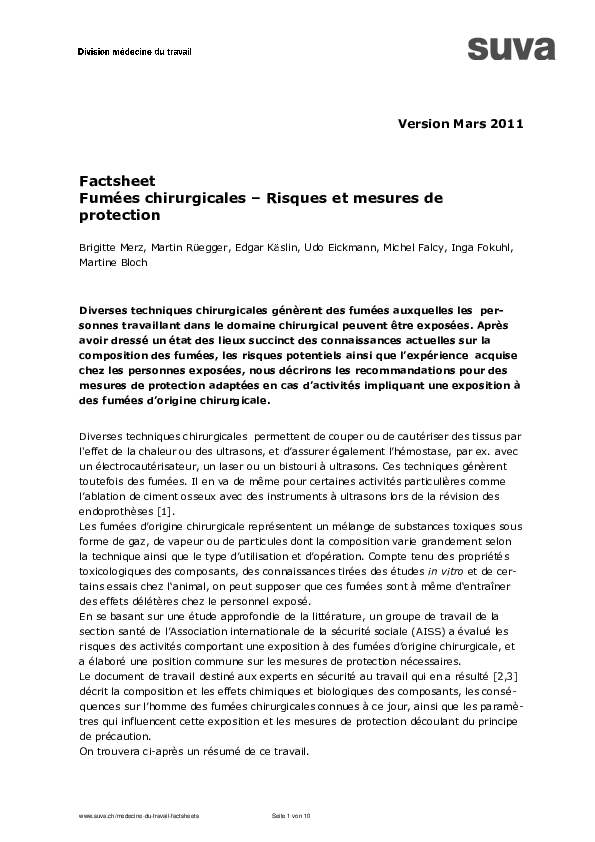 Fumées chirurgicales: factsheet (médecine du travail)