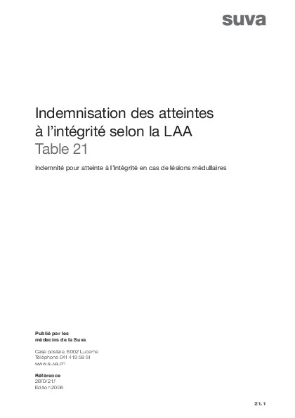 Tableau 21 - Indemnité pour atteinte à l’intégrité en cas de lésions médullaires