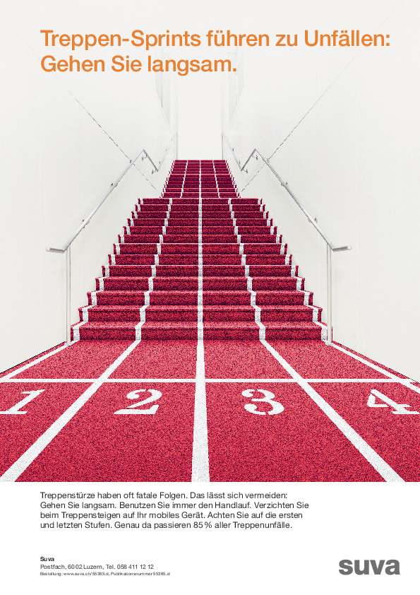 Plakat Treppensprint: Langsam gehen, Unfälle vermeiden