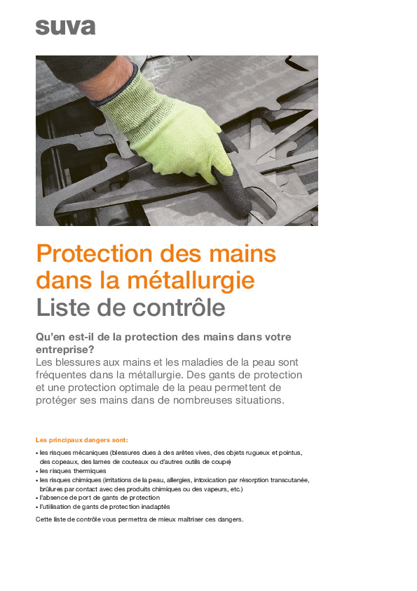 Liste de contrôle: Protection des mains dans la construction métallique / la métallurgie