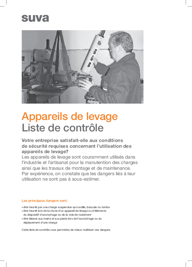 Liste de contrôle appareils de levage: transport sûr des pièces