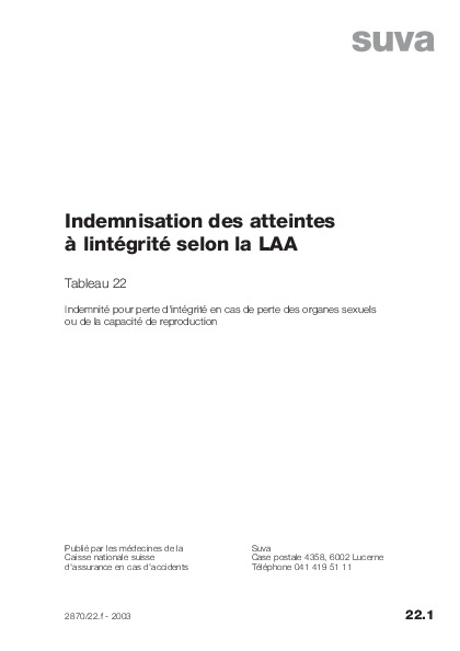 Tableau 22 - Indemnité pour perte d'intégrité en cas de perte des organes sexuels ou de la capacité de reproduction