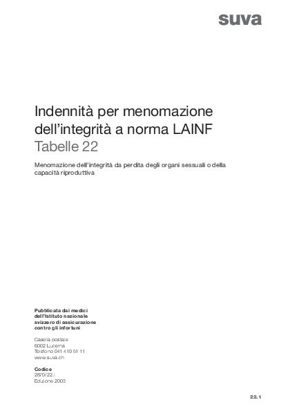 Tabella 22 - Indemnité pour perte d'intégrité en cas de perte des organes sexuels ou de la capacité de reproduction (solo in tedesco e francese)