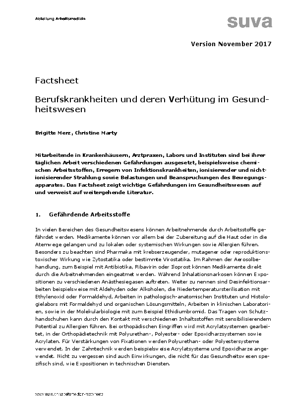 Berufskrankheiten und deren Verhütung im Gesundheitswesen