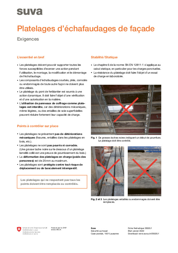 Seuls des platelages d’échafaudages intacts sont sûrs.