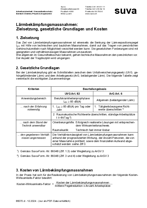 Merkblatt Lärmbekämpfungsmassnahmen: Ziele und Kosten