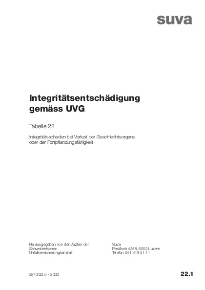 Tabelle 22 - Integritätsschaden bei Verlust der Geschlechtsorgane oder der Fortpflanzungsfähigkeit