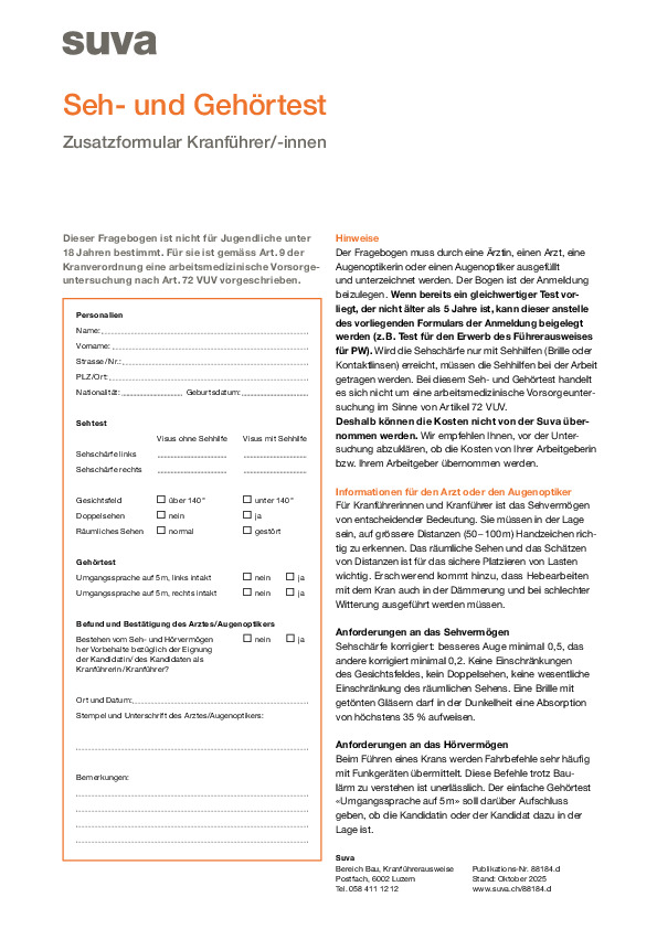 Formular Seh- und Gehörtest für angehende Kranführer