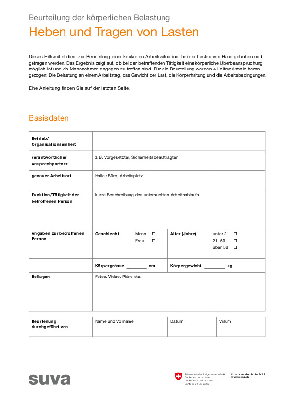 Test zum Beurteilen der Belastung beim Heben und Tragen