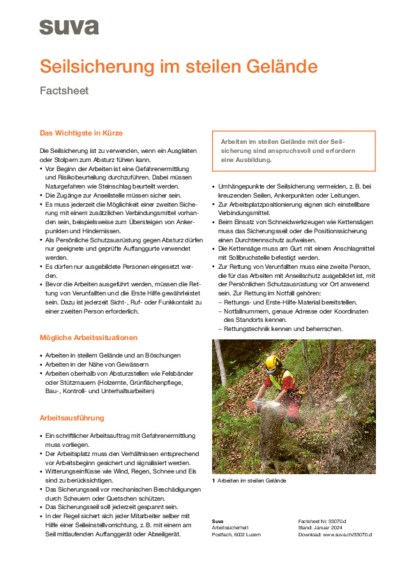 Steiles Gelände: Arbeit mit Seilsicherung – Factsheet