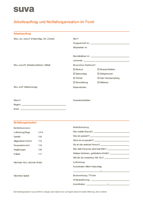 Forstarbeiten: Arbeitsauftrag und Notfallorganisation 