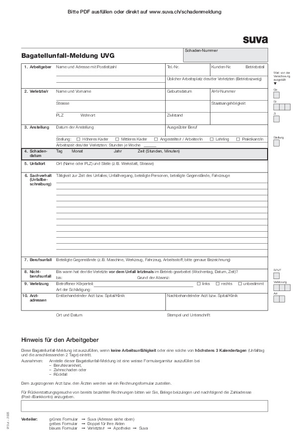 Formular: Bagatellunfall-Meldung UVG