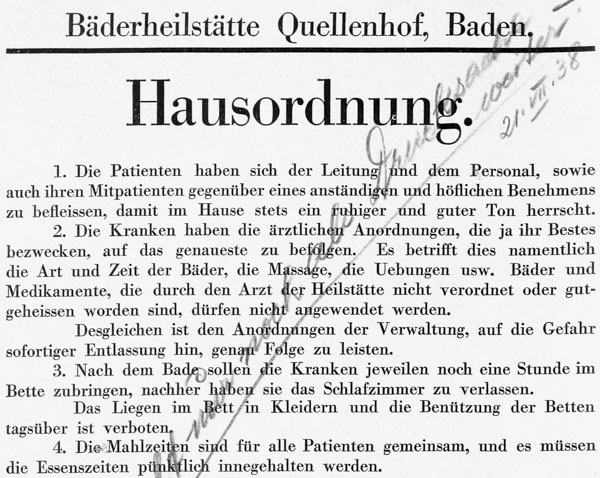 Hausordnung, Quellenhof Baden, 1929, Teil 1