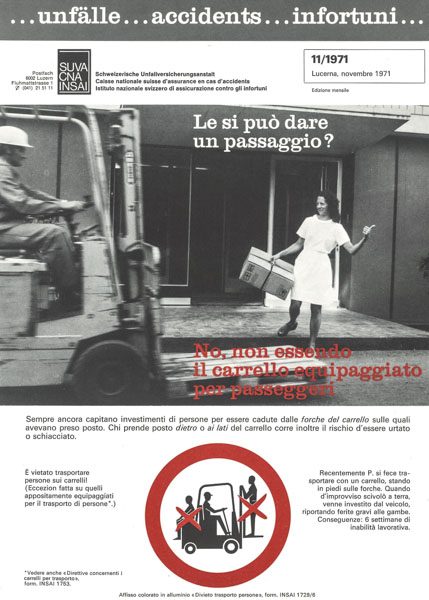 Divieto di trasportare passeggeri su un carrello con forche a sbalzo, 1971