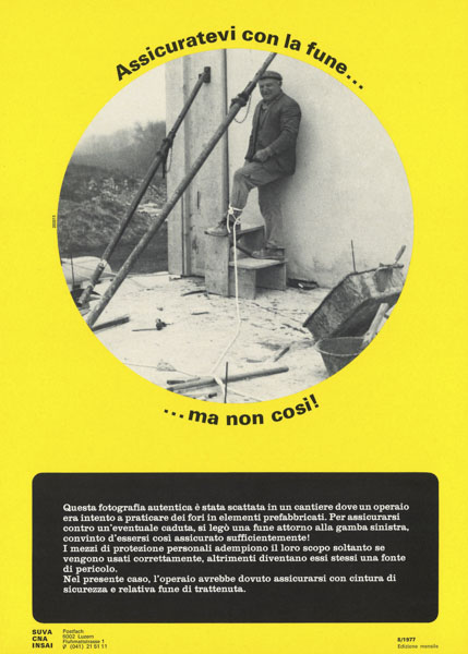 Esempio di uso scorretto della fune di sicurezza sui cantieri, 1977