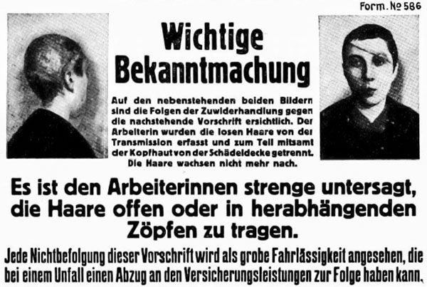 Warnung an Textilarbeiterinnen mit Schockbild, 1932