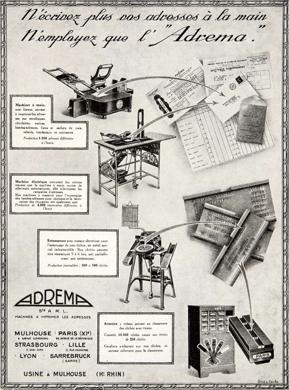 Manifesto «Adrema» del 1925 dedicato alla stampa automatica degli indirizzi